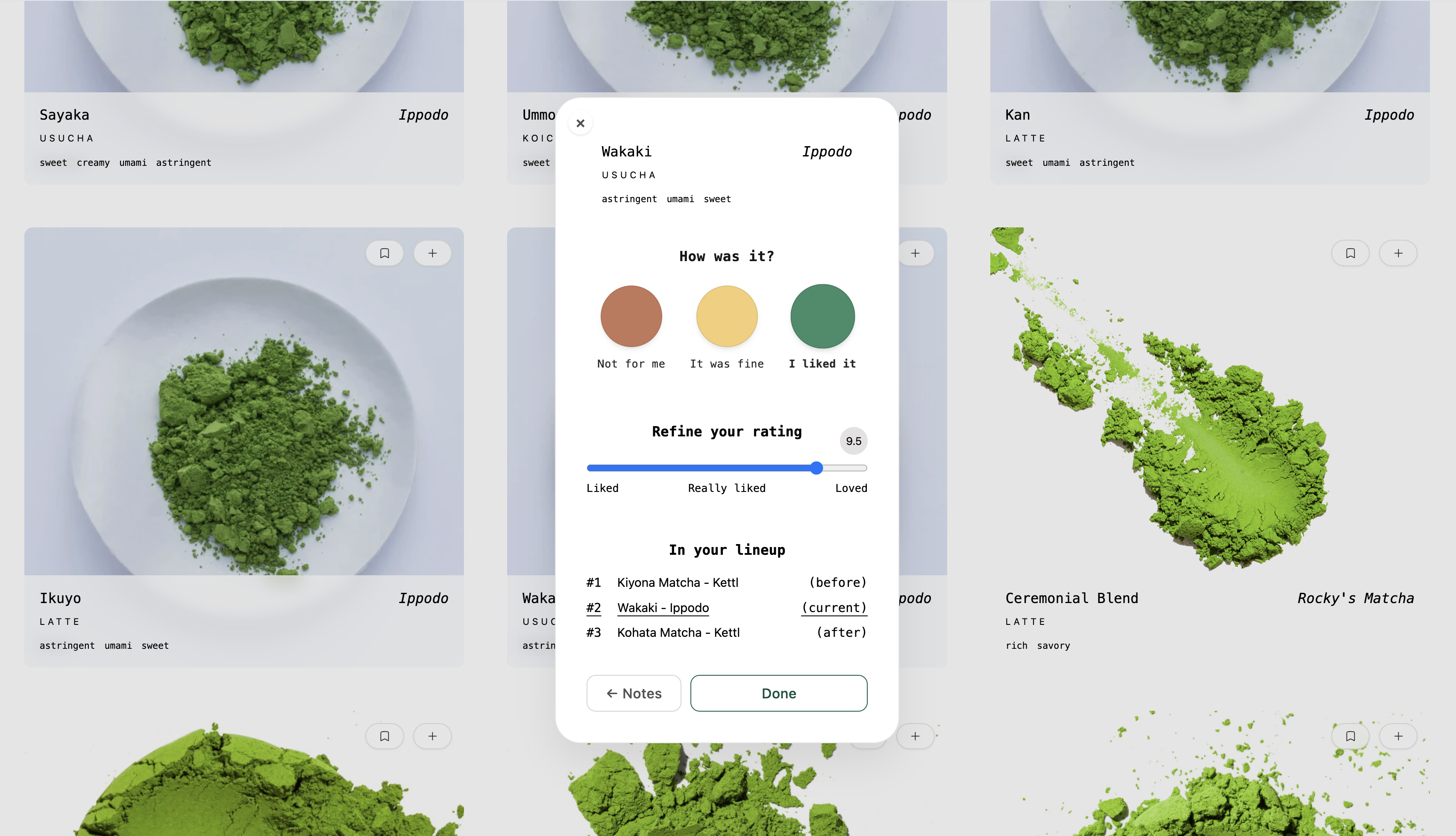 Koicha rating product screen
