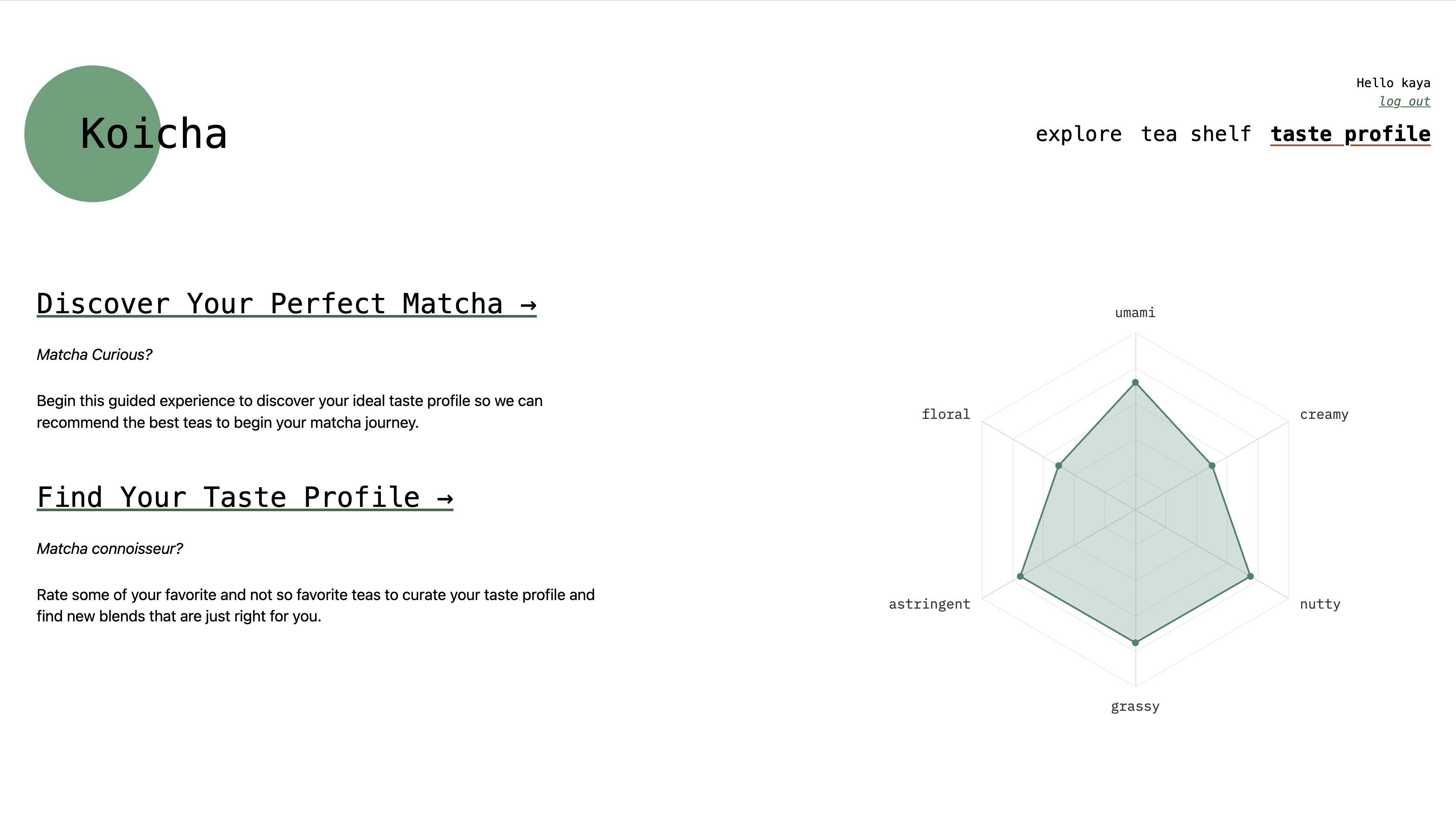 Koicha taste profile screen
